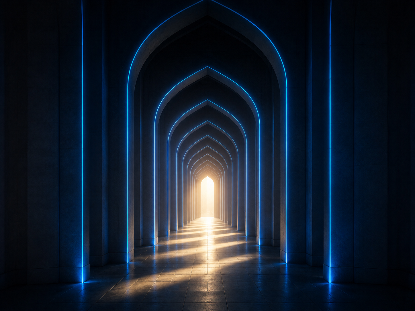 Light opening at the end of a corridor of arches